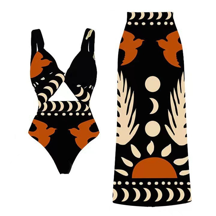 Lonkey Swimwear Retro Printed Mesh Trousers Conservative Swimwear Bikini